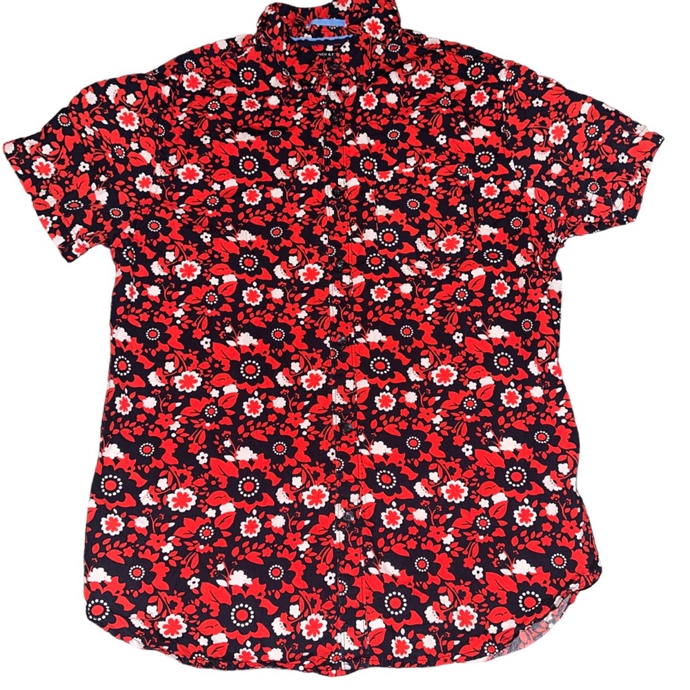 Ricky Singh Denim & Flower Slim Fit Button Down Shirt Red Blue Floral Size Small